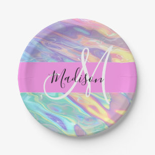 Weibliches Pink Holografisches Irisierendes Monogr Pappteller