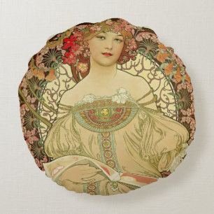 Weibliches Porträt Alphonse Mucha Rundes Kissen
