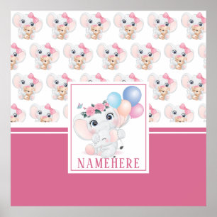 Weibliches Rosa-Elefant mit Schleife und Ballonmus Poster