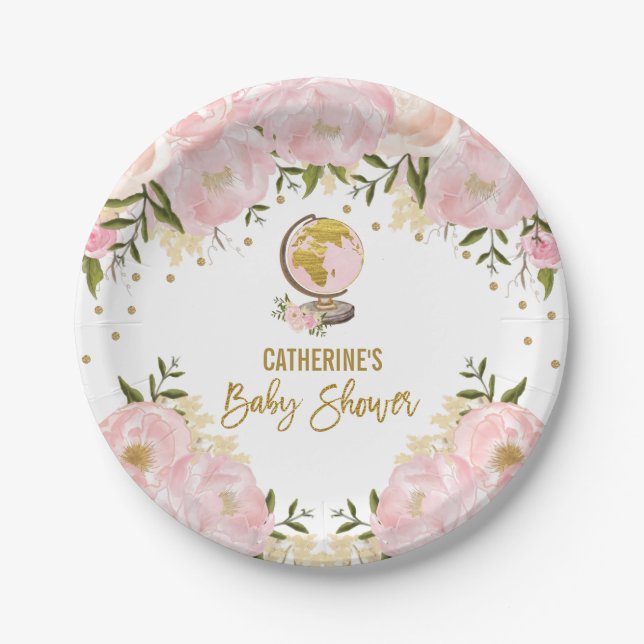 Weibliches rosa Goldblumenreise-Mädchen-Babyparty Pappteller (Vorderseite)