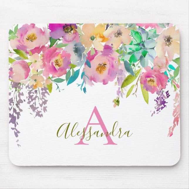 Weibliches Trendy Watercolor-Blumen-Monogramm Mousepad (Vorne)