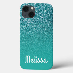 Weibliches weißes personalisiertes Türkis Ombre Gl iPhone 13 Hülle