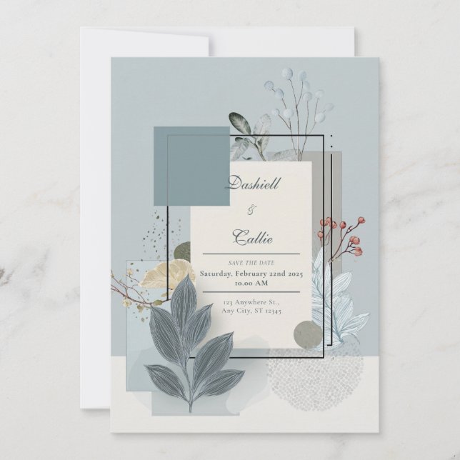 Weich Blau & Sage Botanische Hochzeit Einladung (Vorderseite)