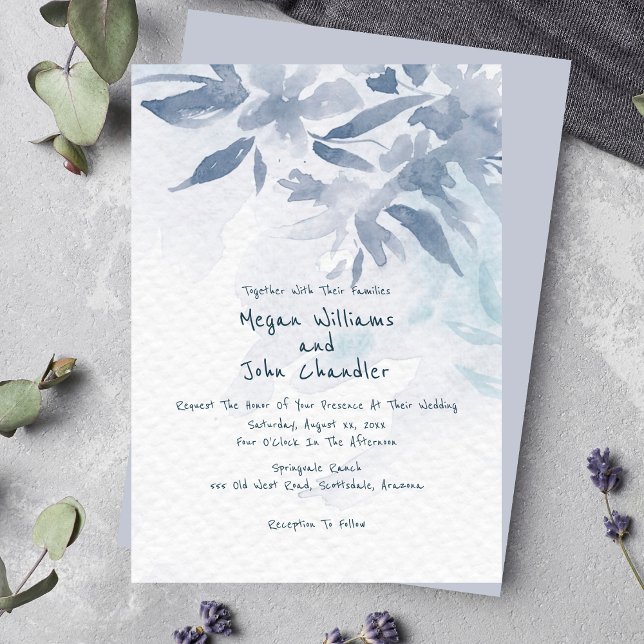Weich blaue Aquarellfarben-Blätter Hochzeit Einladung (Soft Blue Watercolor Leaves Wedding Invitation)