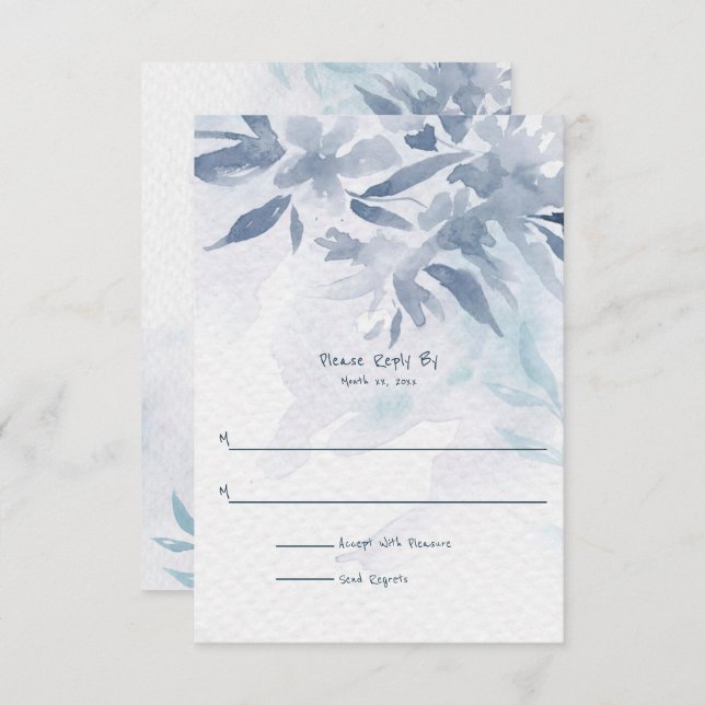 Weich blaue Aquarellfarben-Blätter Hochzeit RSVP Karte (Vorne/Hinten)