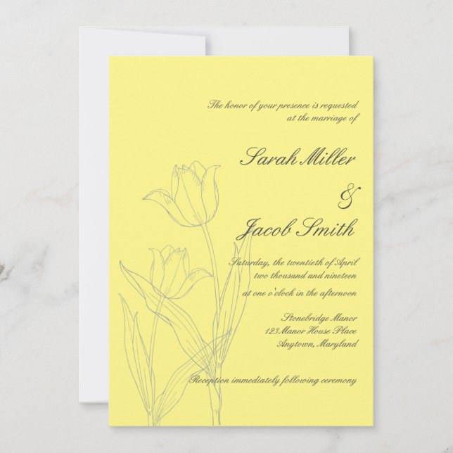 Weich gelb & grau Minimalistische Tulip Wedding Einladung (Vorderseite)