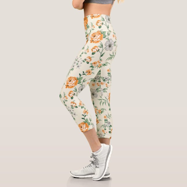 Weich gelber Garten Blumenmuster Capri Leggings (Links)