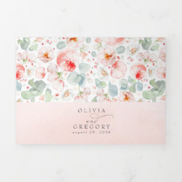Weich hellrosa Aquarellfarben Blume Elegante Hochz Dreifach Gefaltete Einladung