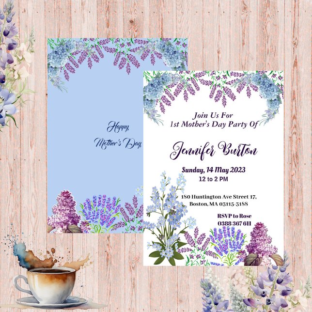 Weich Pastel Blue Lilac Hydrangea 1. Muttertag Einladung (Soft Pastel Blue Lilac Hydrangea 1st Mother's Day Invitation)