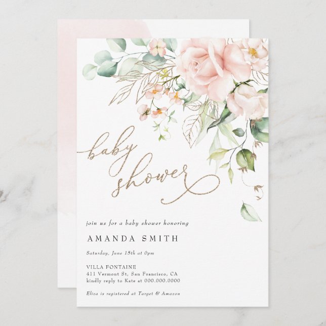 Weich Pastel Blush Pink Glitzer Babydusche Einladung (Vorne/Hinten)