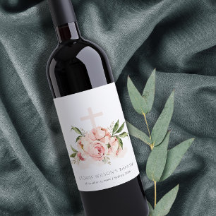 Weich Pastel Rose Blumenkreuz Taufe Weinetikett
