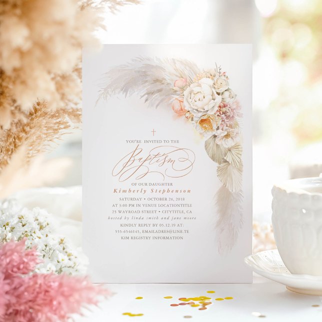 Weich Pastell Blume und Pampas Grass Niedliche Tau Einladung (Elegant Soft Hues Flowers Boho Baptism Invitations)