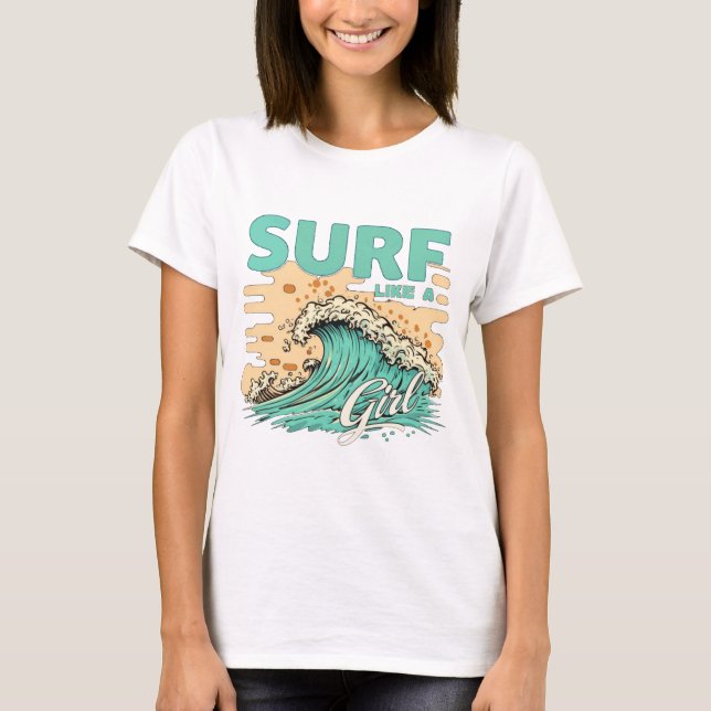 Weich pastellfarben "Surf like a girl" T-Shirt (Vorderseite)