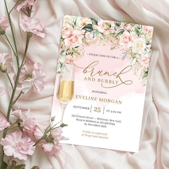 Weich pastellfarbene Rosen und Goldbrunch Einladung (Elegant blush pink roses sage eucalyptus gold sparkles brunch and bubbly invitation digital )