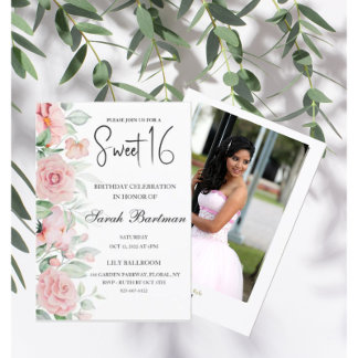 Weich pastellfarbenes Foto Aquarell Sweet 16 Einladung