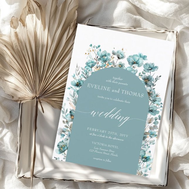 Weich pastellgrüne, minimalistisch türkisfarbene W Einladung (Soft pastel green minimalist turquoise wildflowers invitation)