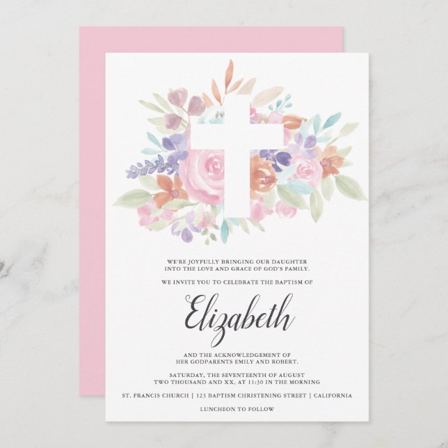 Weich pastellrosa christliche Taufe Einladung (Vorne/Hinten)