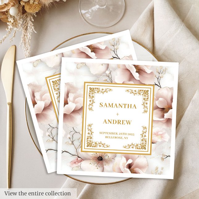 Weich pastellrosa Elfenbein Goldbarsch Blütenhochz Serviette (Soft pastel pink ivory gold boho floral wedding Paper Dinner Napkins)