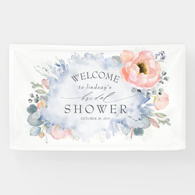 Weich Peach floral Dusty Blue Brautparty Banner (Horizontal)