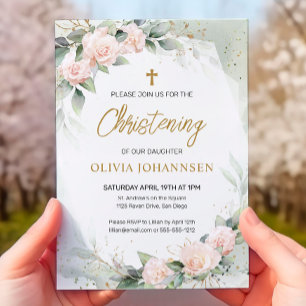 Weich rosa Aquarellfarben Blume Grün Christening Einladung