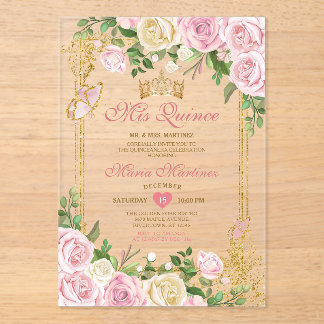 Weich rosa Birthday Gold Crown Mis Quince Acryleinladungen