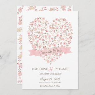 Weich rosa Blumenherz Save the Date Einladung