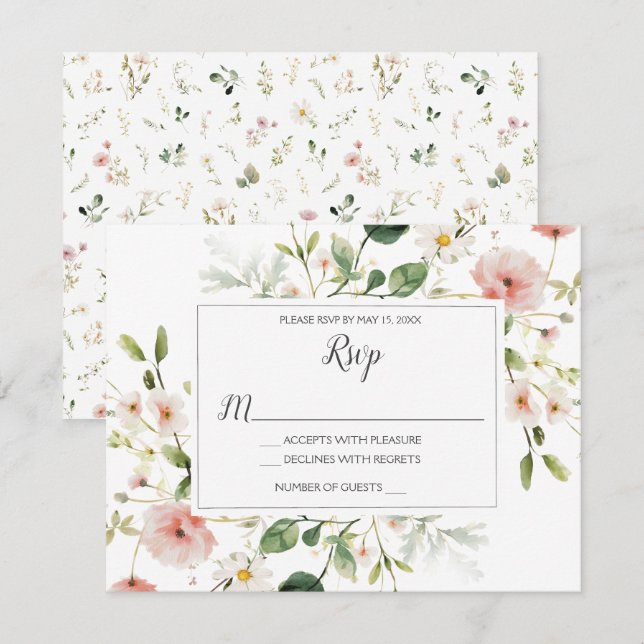 Weich rosa Blütenblätter florale Hochzeit RSVP Karte (Vorne/Hinten)