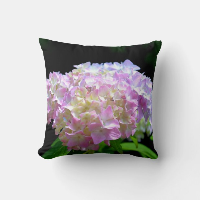 Weich-rosa-gelbe lila Hydrangeas-Blume Kissen (Vorderseite)