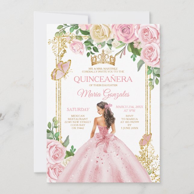 Weich rosa Kronprinzessin Girl Quinceñera 15 Einladung (Vorderseite)