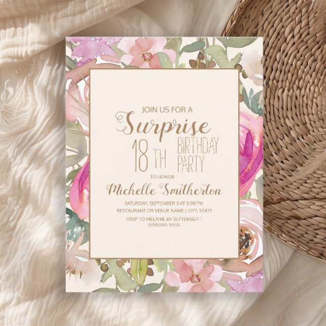 Weich rosa Lila Blumenüberraschung am 18. Geburtst Einladung (Elegant pink watercolor flowers and sage green leaves 18th birthday party invitation)