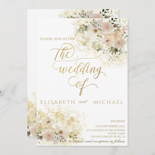 Weich rosa romantische Goldkalligraphie Einladung (Vorne/Hinten)