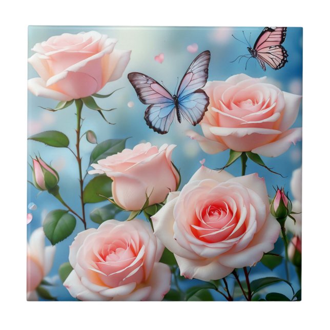 Weich rosa Rose Blume Blauer Schmetterling Fliese (Vorderseite)