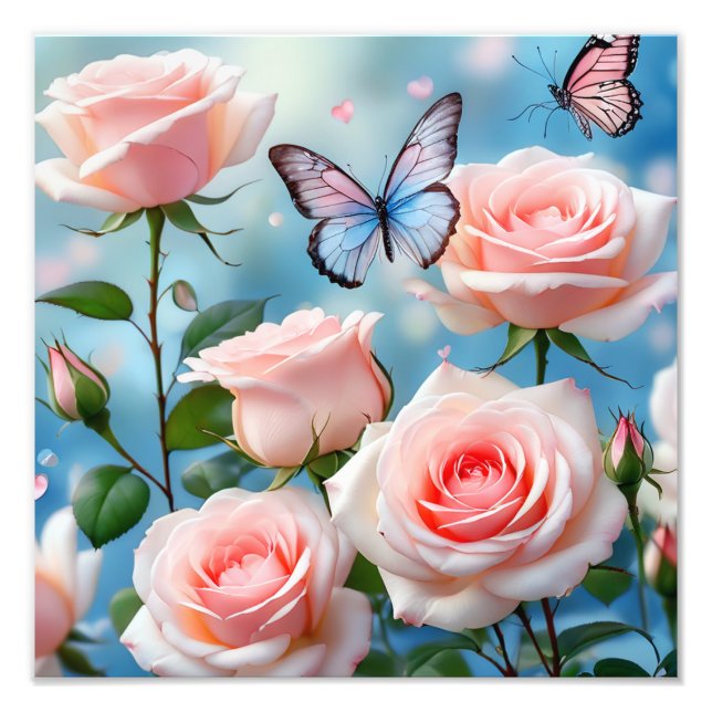 Weich rosa Rose Blume Blauer Schmetterling Fotodruck (Vorne)