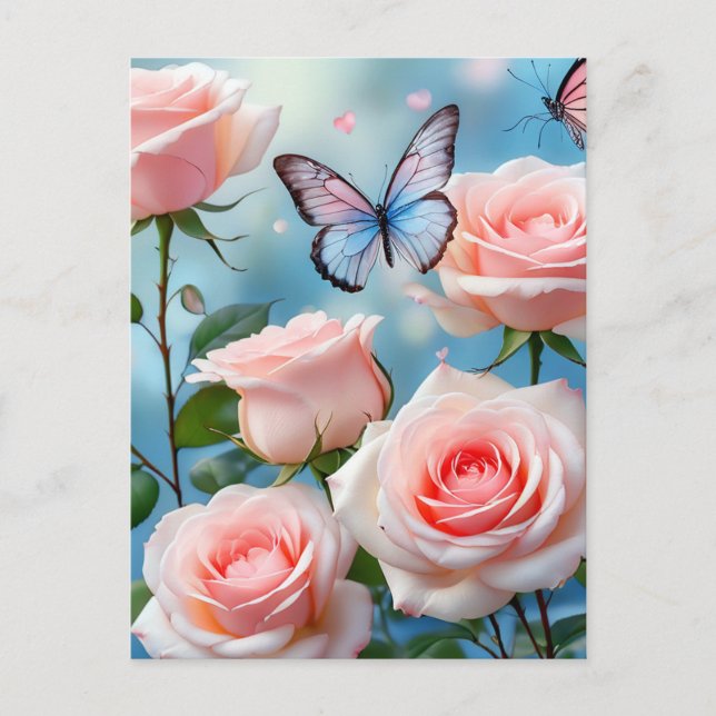 Weich rosa Rose Blume Blauer Schmetterling Postkarte (Vorderseite)