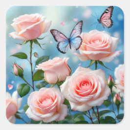 Weich rosa Rose Blume Blauer Schmetterling Quadratischer Aufkleber