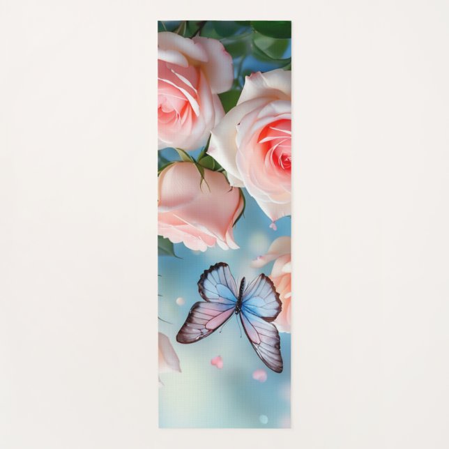 Weich rosa Rose Blume Blauer Schmetterling Yogamatte (Vorderseite)
