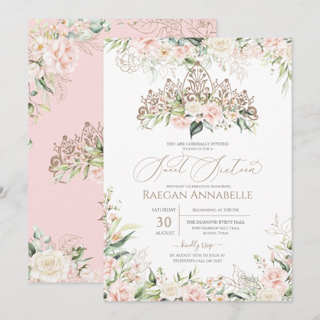 Weich rosa Rosen Elegant Sweet 16 Geburtstag Einladung (Vorne/Hinten)