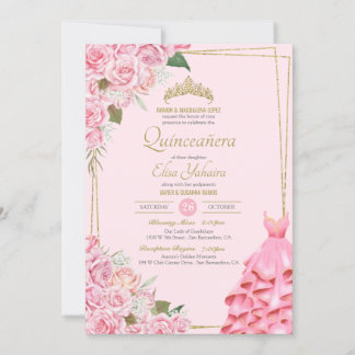 Weich rosa Rosen Rose Blush und Gold Floral Quince Einladung