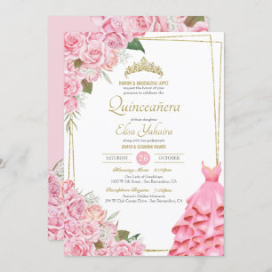 Weich rosa Rosen Rose Blush und Gold Floral Quince Einladung