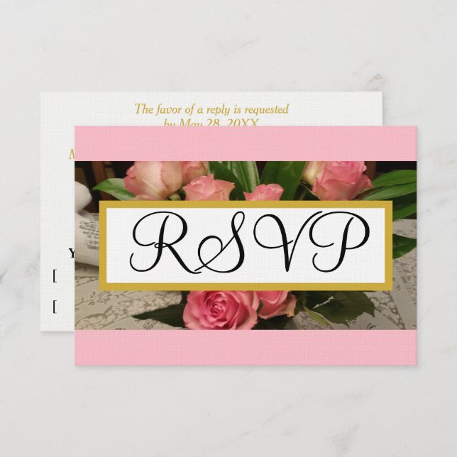 Weich rosa Rosen Silver Wedding RSVP Gold (Vorne/Hinten)
