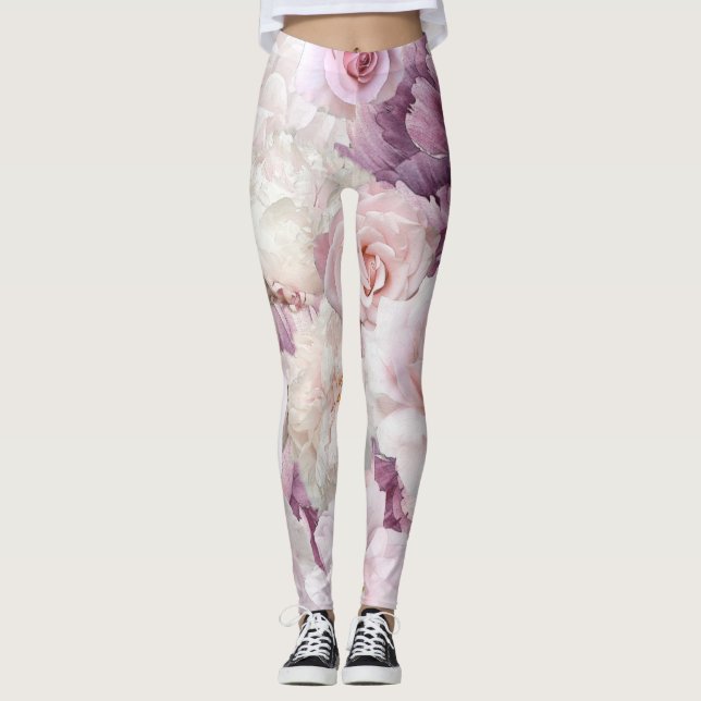 Weich rosa Shabby Chic Botanischer Garten Leggings (Vorderseite)