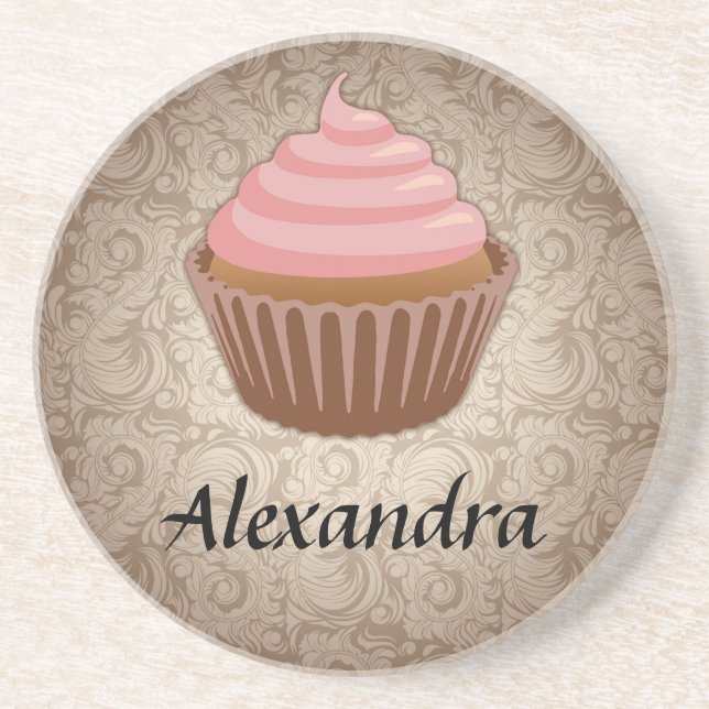 Weich rosa und braun, Cupcake, Personalisiert Sandstein Untersetzer (Vorne)