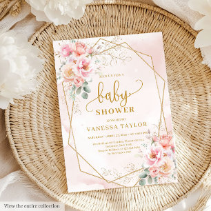 Weich, rosa und goldfarbene Glitzer Babydusche Einladung