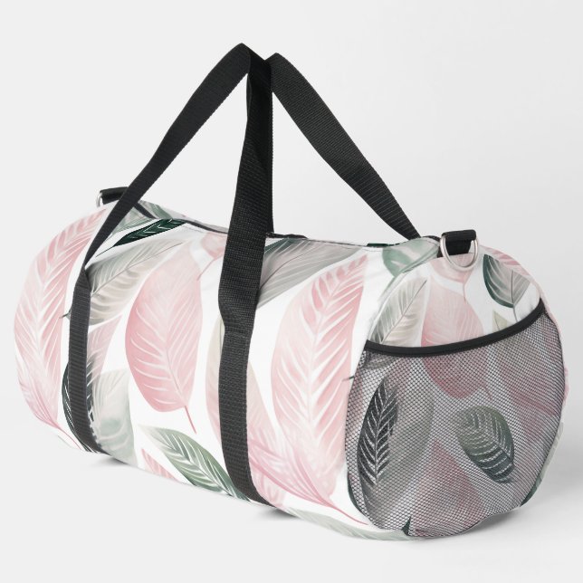 Weich rosa und grünes botanisches Leaf-Muster Duffle Bag (Rechte Ecke)
