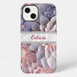 Weich rosa und lila 3D-Blume, Diamantrahmen iPhone 13 Hülle