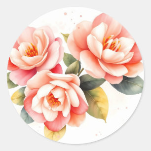 Weich rosa und pfirsichfarbene Kamelien auf Elfenb Runder Aufkleber