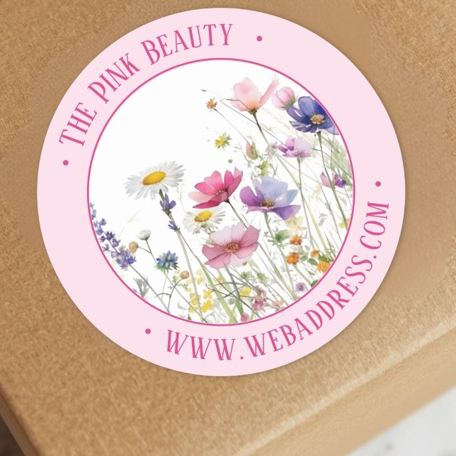 Weich rosa Wildblumen Werbeaktion Runder Aufkleber (Soft pink Custom Photo Illustration Classic Round Sticker)