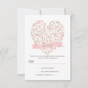 Weich rosafarbene, florales Herz Hochzeitskarten RSVP Karte