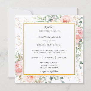 Weich rosafarbene Rosa Blumengrün Hochzeitsplatz Einladung