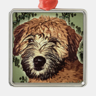 Weich-Überzogener Wheaten Terrier-Welpe mit nasse Ornament Aus Metall